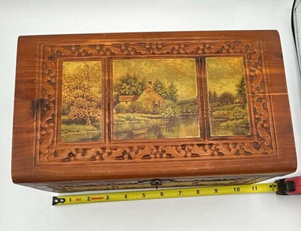 Vintage Hand-Carved Wooden Jewelry Box Mirror Cottage